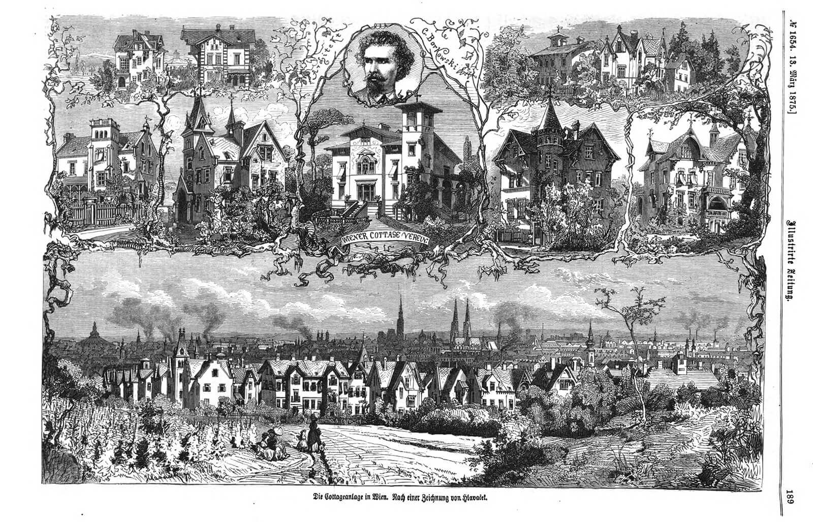 Die Cottage-Anlage in Währing bei Wien, nach einer Zeichnung von Anton Hlavaček, Illustrirte Zeitung, 13. März 1875, S. 189, Quelle: Anno/ÖNB 
