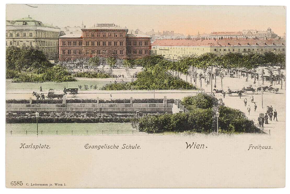 Blick auf die Evangelische Schule und das Freihaus, Ansichtskarte, um 1900, Wien Museum 
