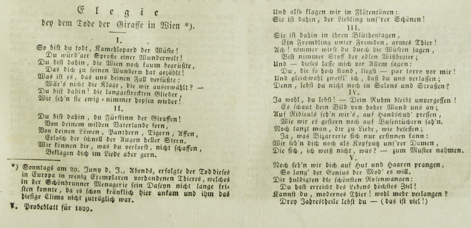 Elegie auf die tote Giraffe in der Wiener Allgemeinen Theaterzeitung vom 18. August 1829, Quelle: ANNO / ÖNB 