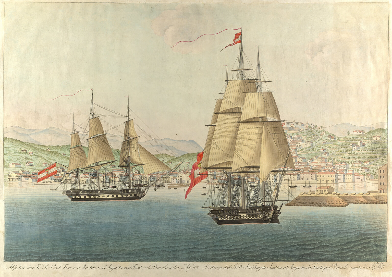Abfahrt der österreichischen Schiffe „Austria“ und „Augusta“ von Triest, 10. April 1817, ÖNB/Bildarchiv, Pk286 