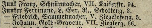 Adresse von Junkers Vater Ferdinand, wohnhaft im „Melker Hof“ in der Schottengasse 3, Lehmann 1864, Quelle: Wienbibliothek im Rathaus 