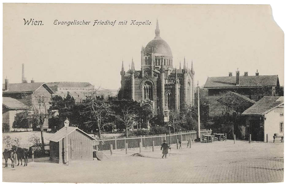 Der Evangelische Friedhof Matzleinsdorf auf einer Postkarte, nach 1904, Wien Museum 