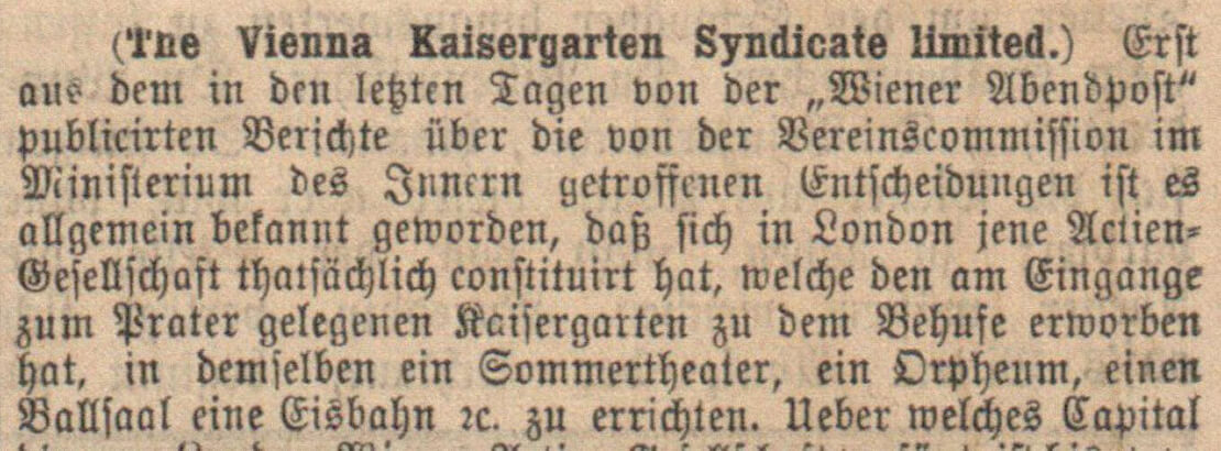 Bericht über die Gesellschaft „Vienna Kaisergarten Syndicate Limited“ in der Wiener „Extrapost“ vom 6. Oktober 1890, Quelle: ANNO/ÖNB 