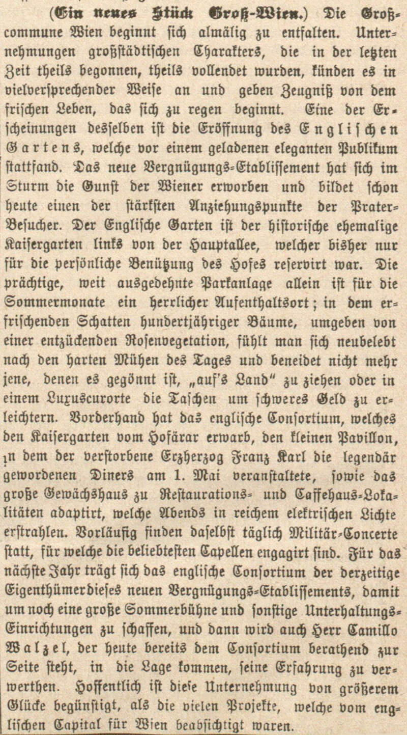 Eröffnung des „Englischen Gartens“ im Prater. Wiener Montags-Journal 15. Juni 1891. ANNO/ÖNB 