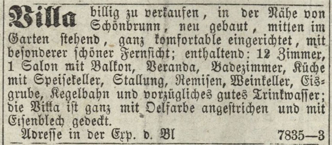 Annonce im Fremden-Blatt, 13. Februar 1861, S. 8. Quelle: Anno/ÖNB 