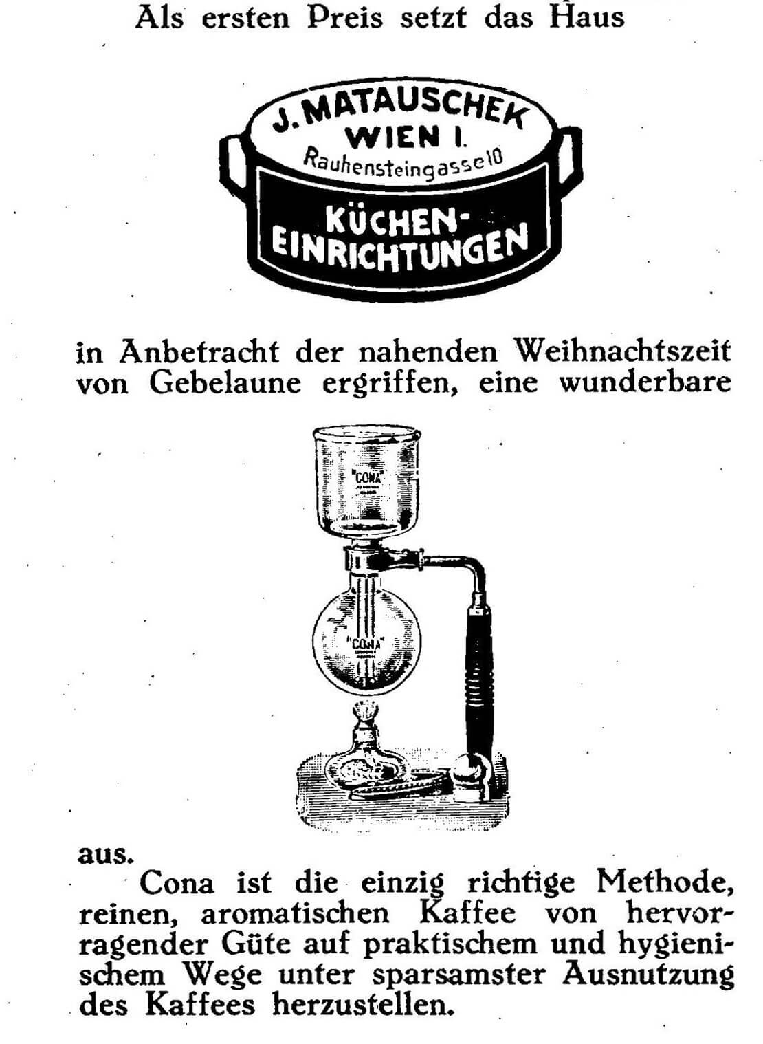 Cona-Kaffeemaschine und Reklame der Firma Josef Matauschek, in: Die moderne Frau, H. 23-24, 1927, ANNO/ÖNB 