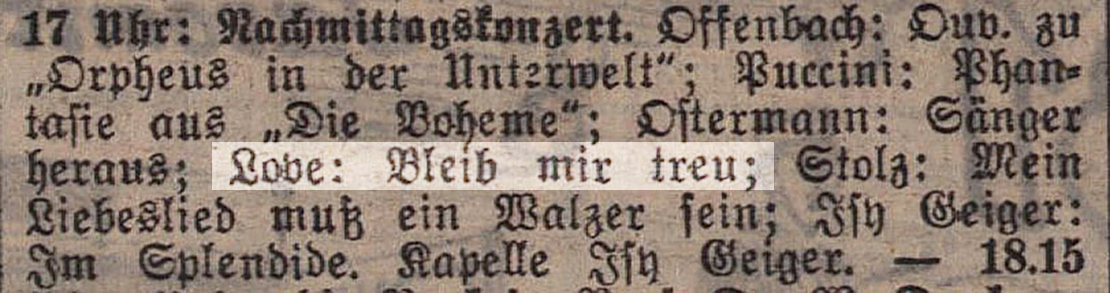 Radioprogramm in der Kronen Zeitung (9. Dezember 1931) mit dem Lied „Bleib mir treu“ von Hilde Loewe-Flatter, Quelle: ANNO/ÖNB 