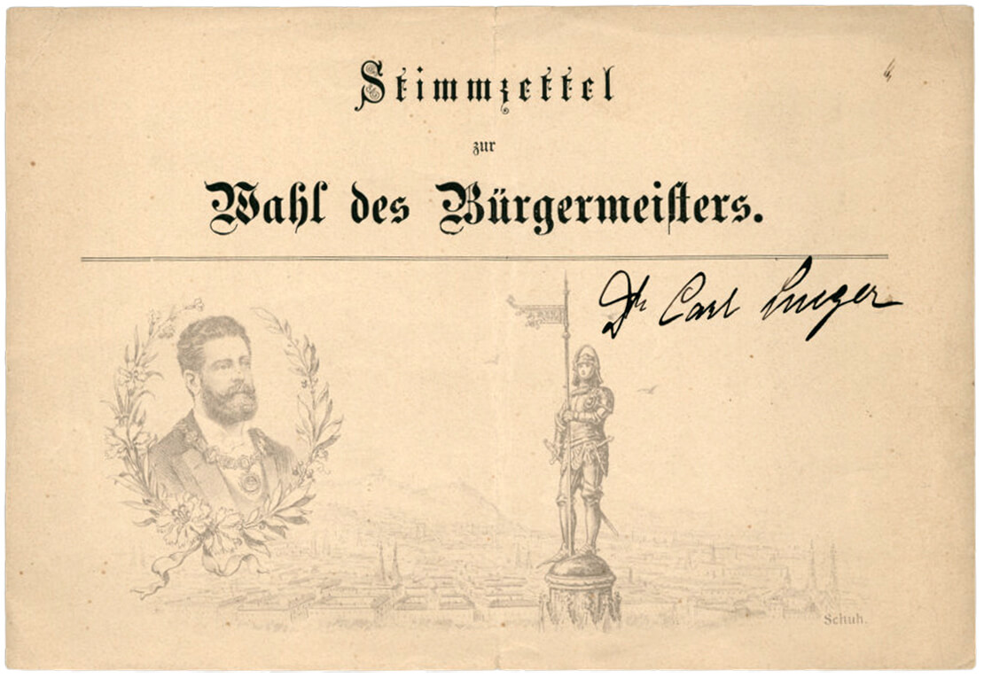 Stimmzettel zur Wahl des Bürgermeisters (mit handschriftlichem Votum für Dr. Karl Lueger), 1895, Wien Museum 