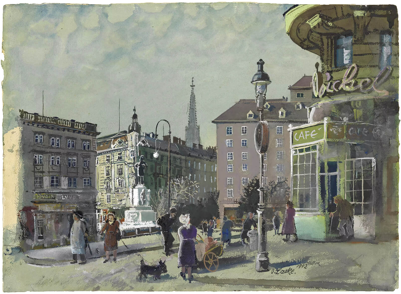 Der Lueger-Platz auf einer Gouache von Oskar Laske aus dem Jahr 1942, Wien Museum 