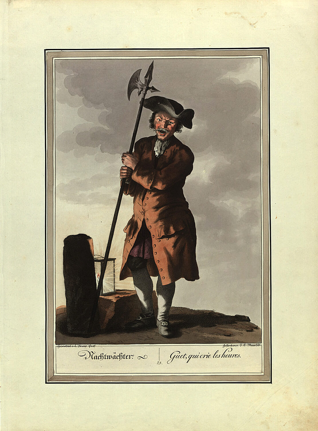 „Zeichnungen nach dem gemeinen Volke besonders Der Kaufruf in Wien“: „Nachtwächter. / Guet, qui crie les heures.“, nach 1798, Wien Museum 