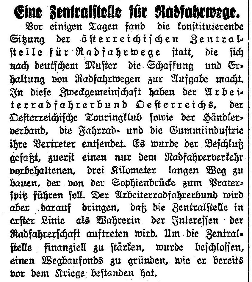 Bericht in der „Arbeiter-Zeitung“ über die Gründung der Wiener Zentralstelle für Radfahrwege. Quelle: ANNO/ÖNB 