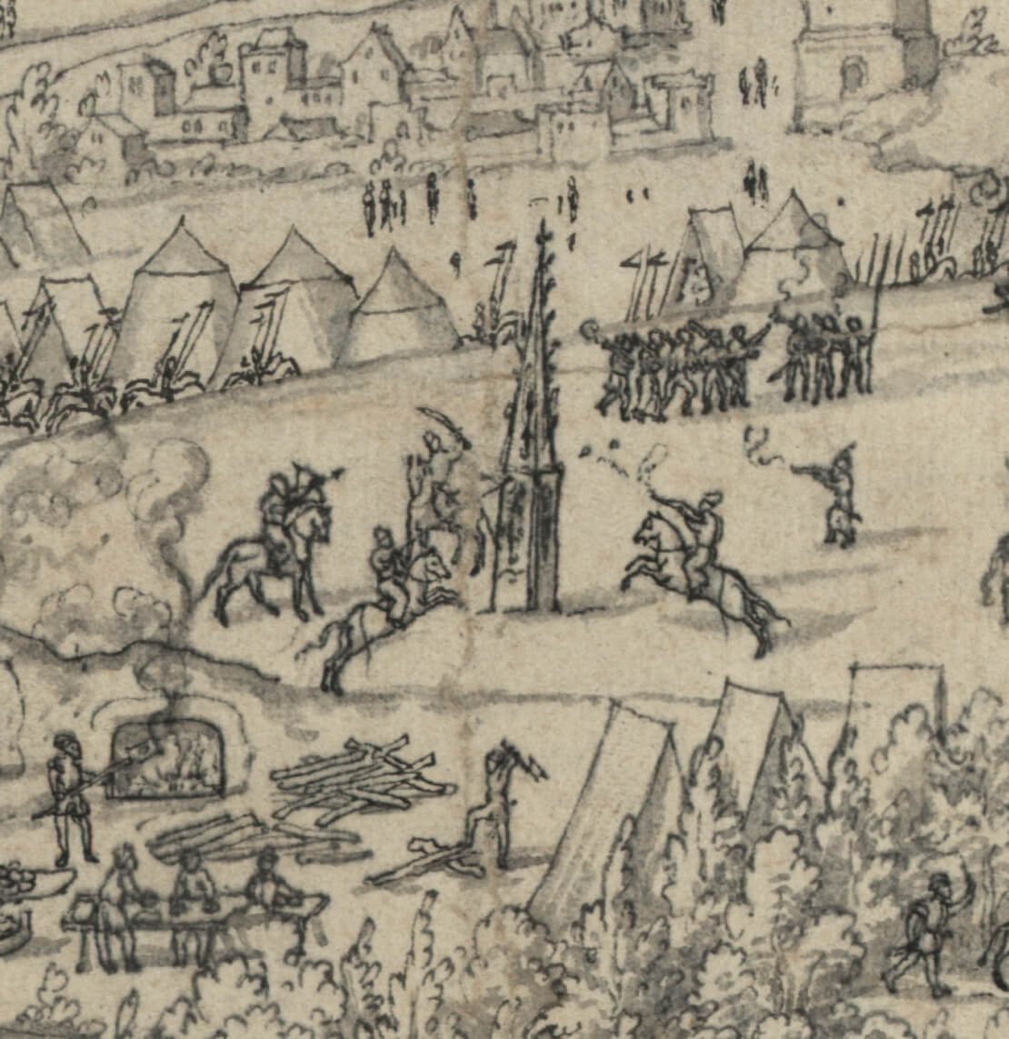 Barthel Beham, Das Feldlager der Türken vor Wien mit Ansicht der Stadt von Süden, 1529 (Ausschnitt mit der durch türkische Reiter traktierten „Spinnerin am Kreuz“), Wien Museum 