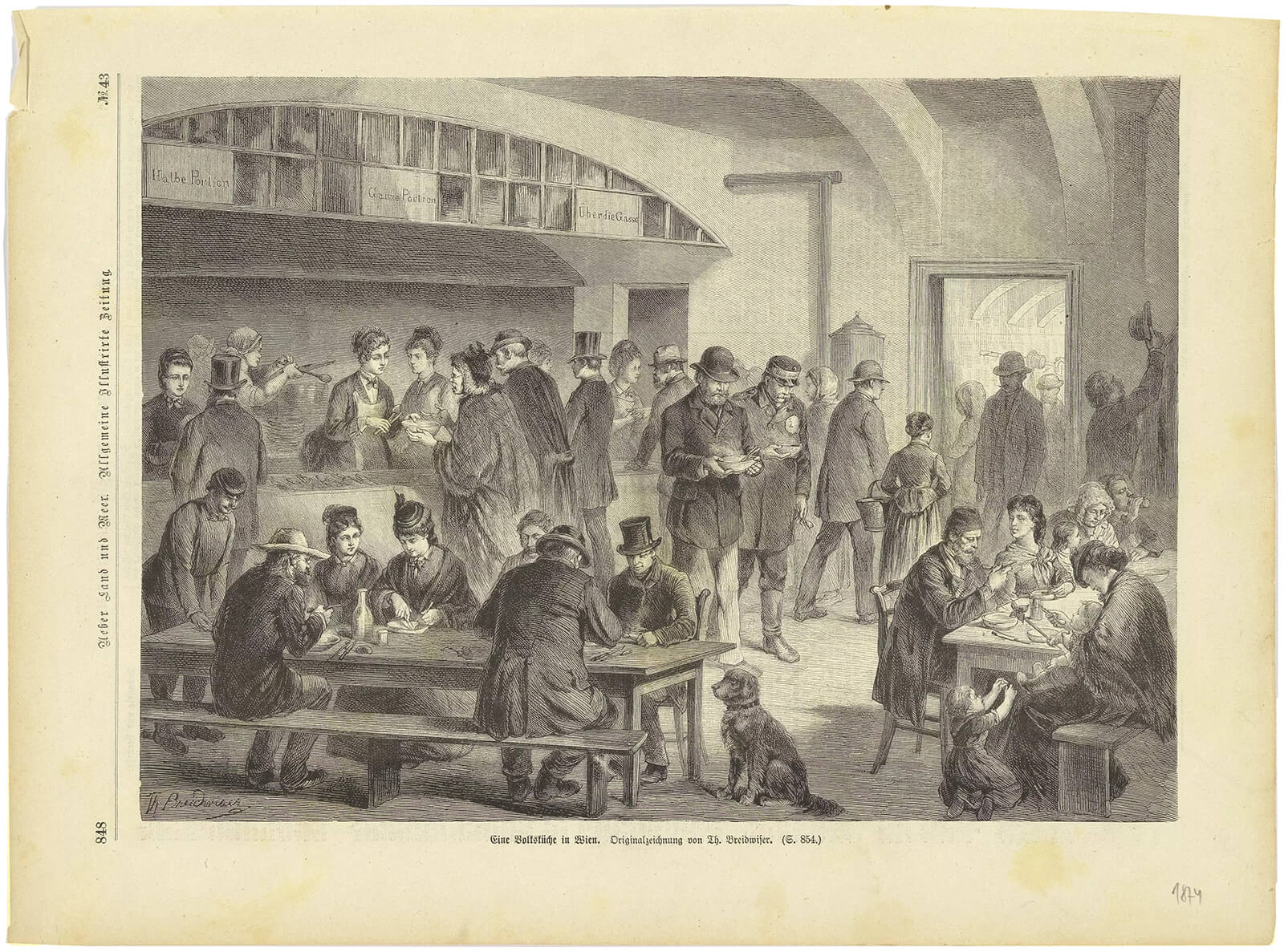 Volksküche zur Ausspeisung von Bedürftigen in Wien, 1874, Zeichnung von Theodor Breitwieser, Wien Museum 