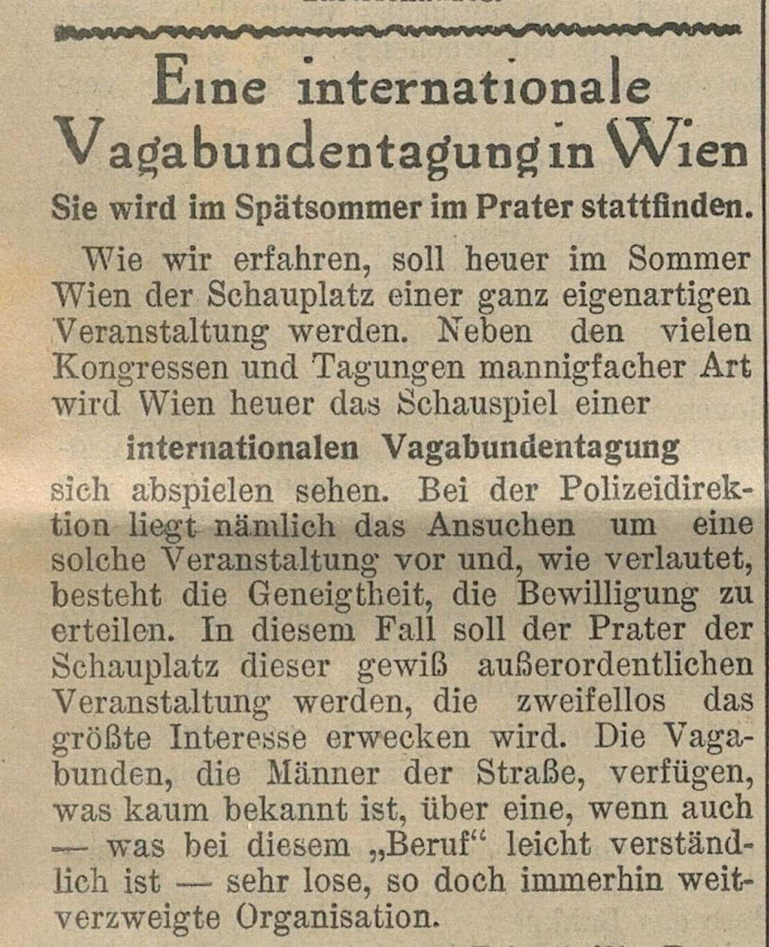 Ankündigung des Vagabundenkongresses in Wien in „Die Stunde“ vom 30. März 1930, Quelle: ANNO/ÖNB 