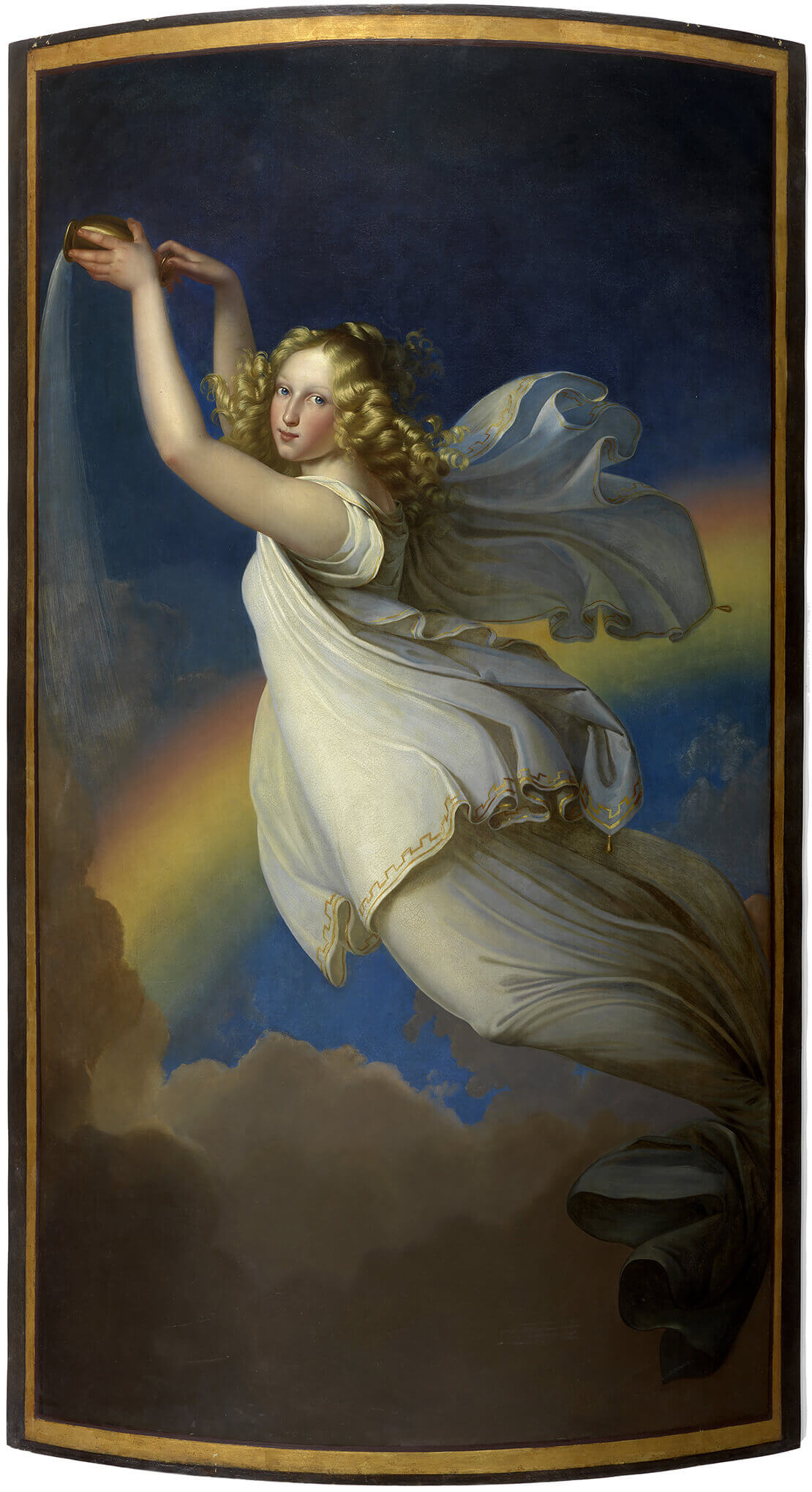 Geschäftsschild der Seidenwarenhandlung „Zur Iris“, 197 x 95 cm, allegorische Darstellung einer den Regenbogen verkörpernden Frau, ehem. 1., Bischofstraße (heute Rotenturmstraße), um 1835, Wien Museum. 