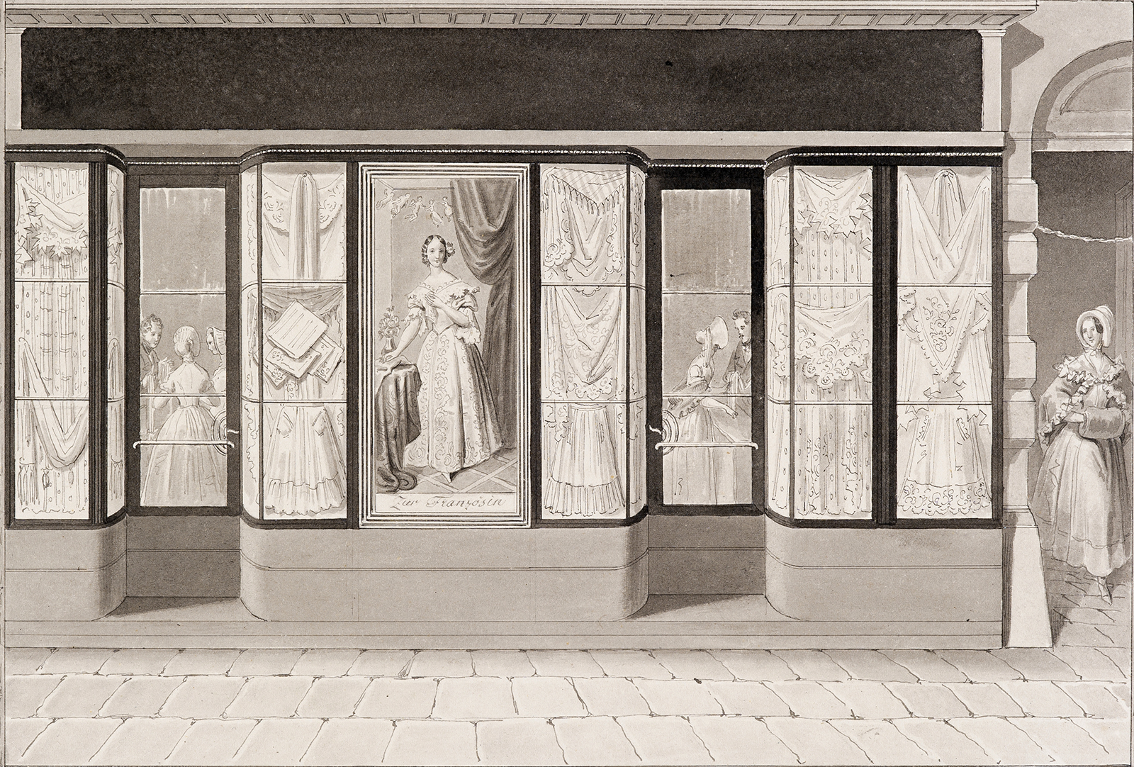 Auslage der Modewarenhandlung „Zur Französin“ im Trattnerhof (Goldschmiedgasse), Tuschezeichnung, wohl 1836 oder kurz danach, Wien Museum. 