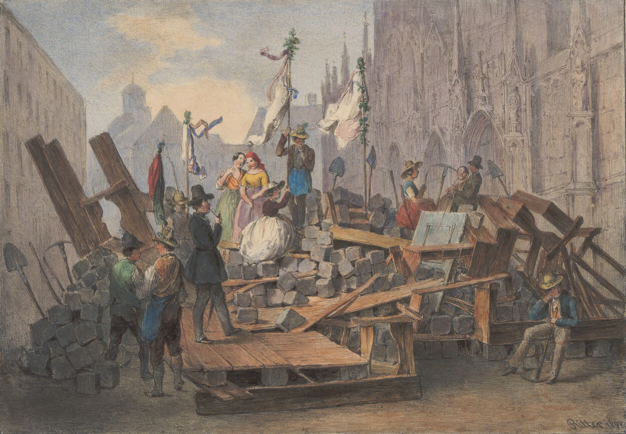 Eduard Ritter: „Barrikade beim Alumnat am Stefansplatz. / errichtet den 26ten Mai 1848“, Lithografie, 1848, Wien Museum 