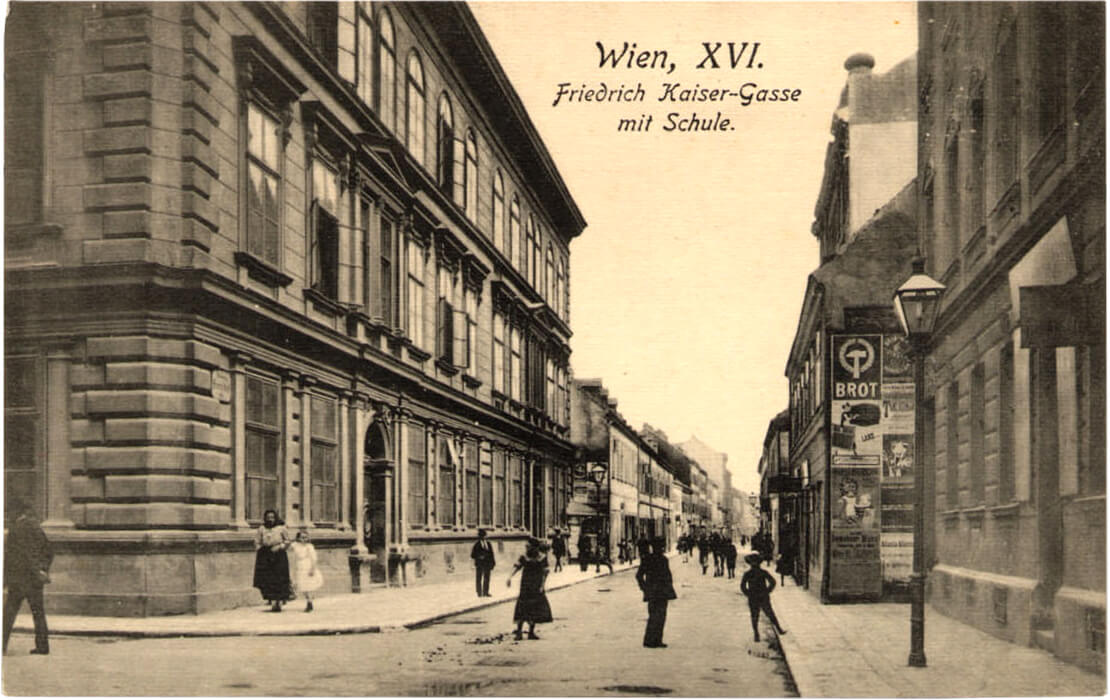 Friedrich-Kaiser-Gasse mit Schule, um 1910, Sperlings Postkartenverlag, Wien, Wien Museum 