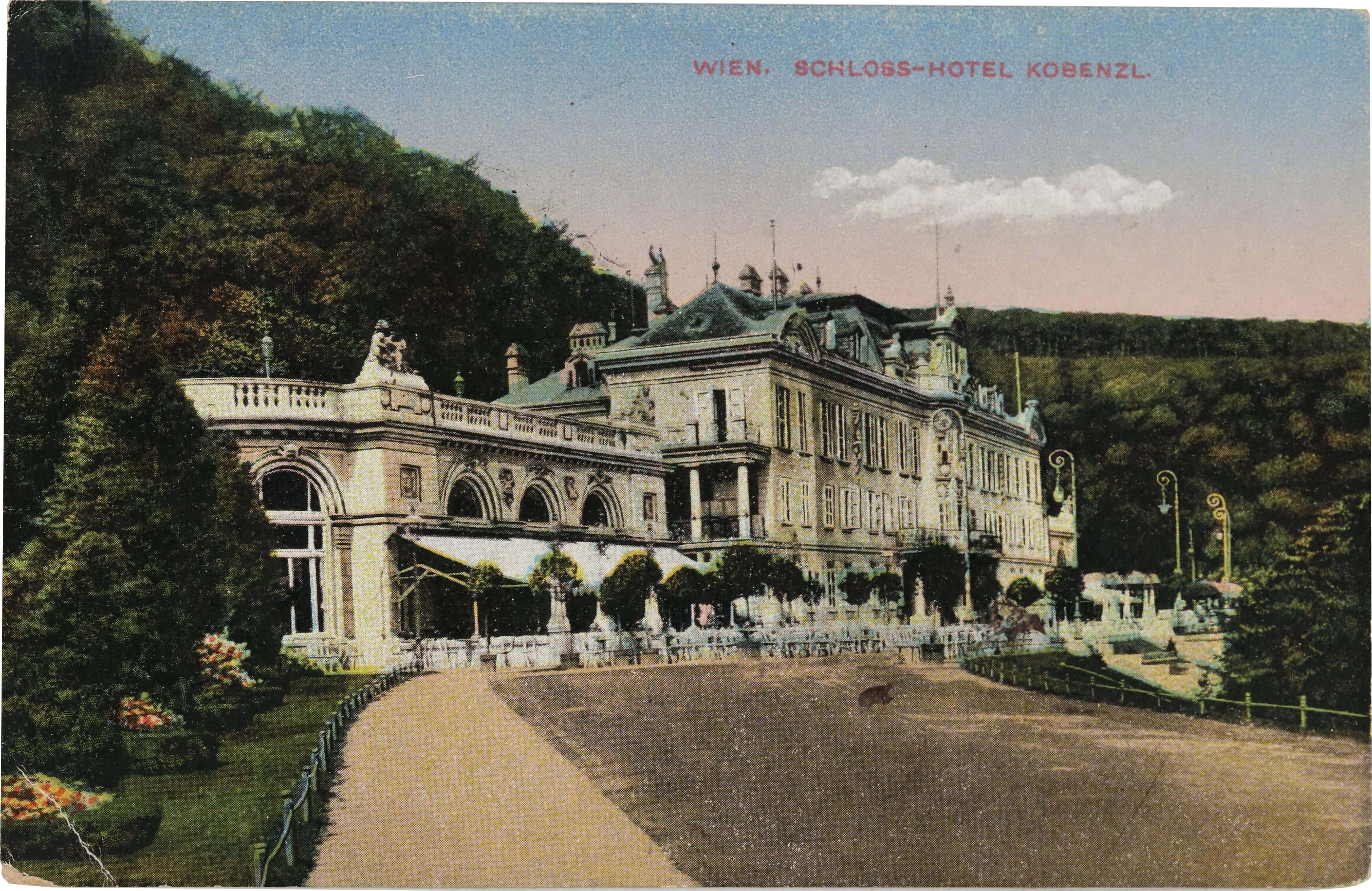Das Schlosshotel Cobenzl auf einer Ansichtskarte aus dem Verlag der Brüder Kohn, 1917 (Gebrauch), Wien Museum 