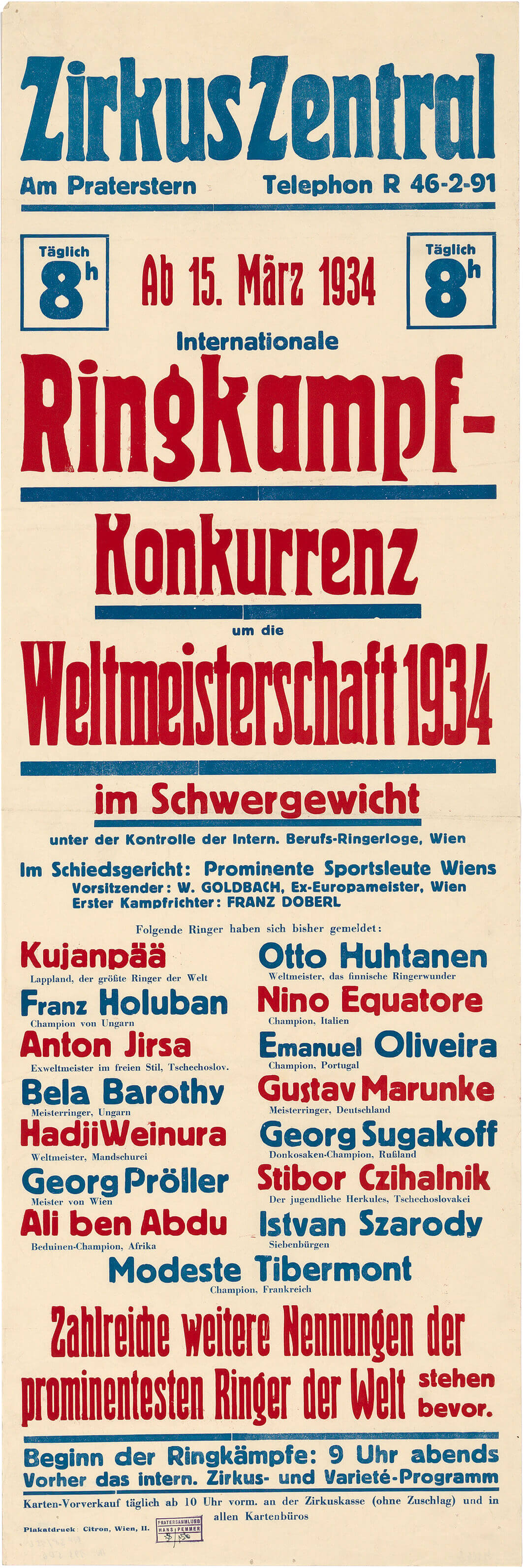 Plakat Ringkampf-Weltmeisterschaft mit dem „Beduinen-Champion“ Ali ben Abdu aus Afrika, 1934, Wien Museum 