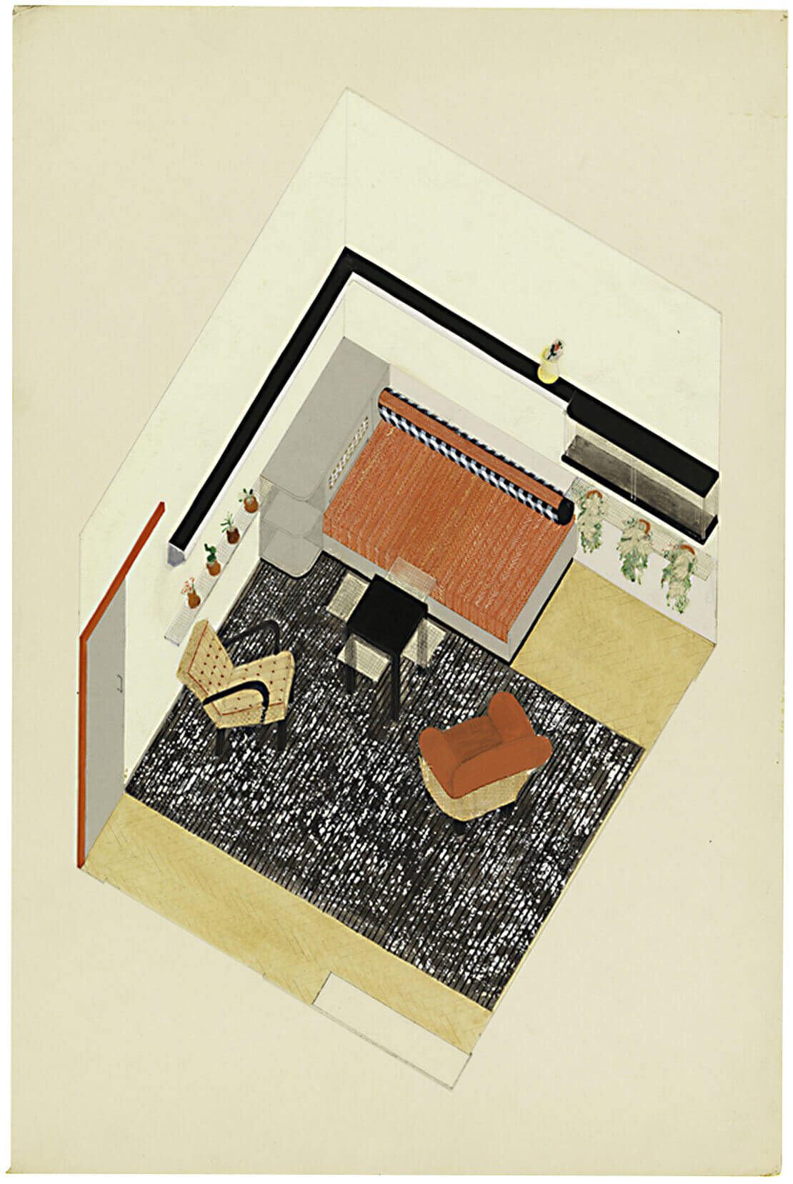 Margarethe Fröhlich, Entwurf eines Wohnzimmers/Schlafzimmers mit Einbaubett und -schrank und Tisch Ti6, 1933-1939, Deckfarbe, Aquarell, bedrucktes Papier, Metallfolie, Bleistift auf Karton, 54,2 x 36 cm, Cooper-Hewitt Smithsonian Design Museum, New York 