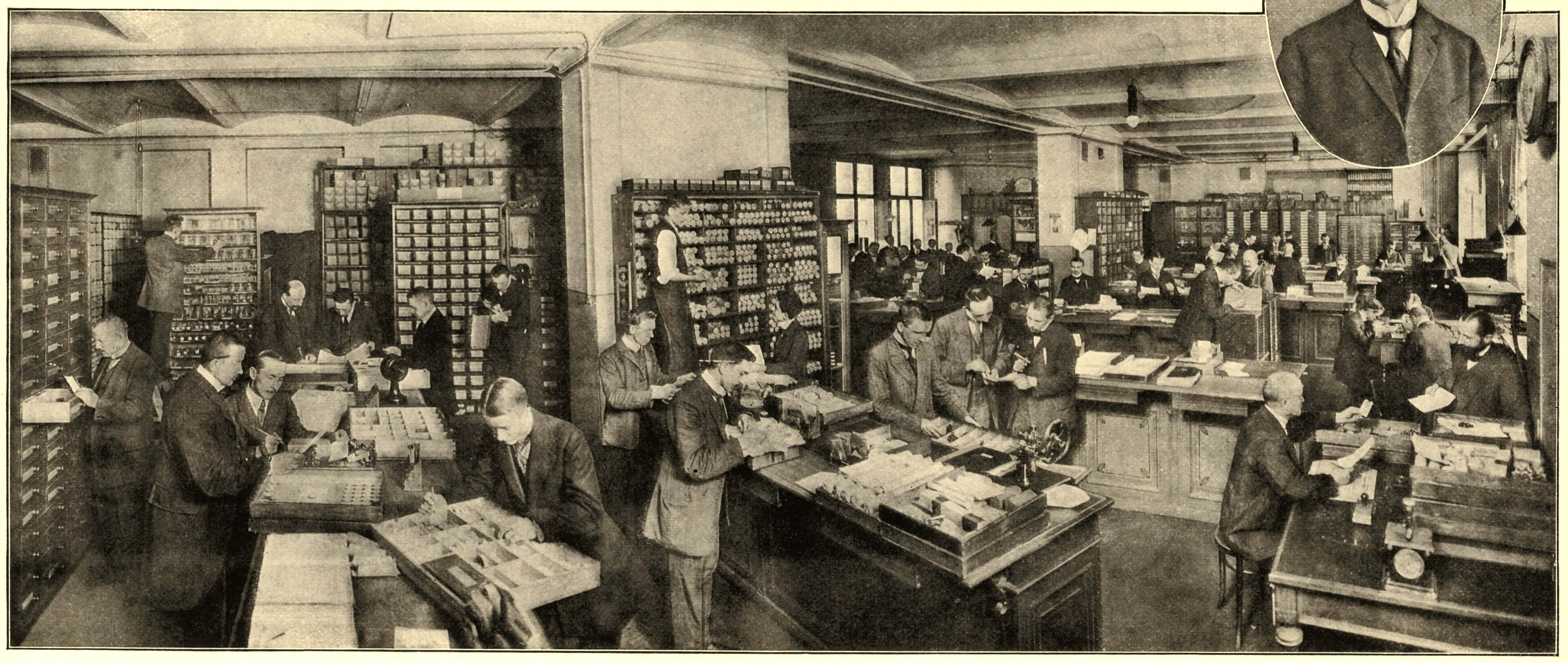 Nur männliche Kräfte „walten“ im Uhrenkleinteilehandel, um 1900 