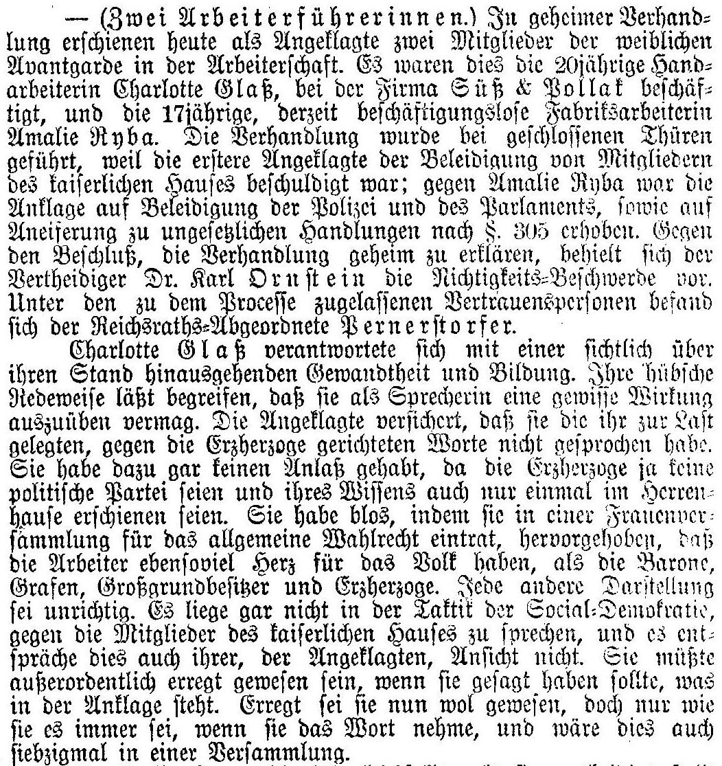 Bericht in der „Neuen Freien Presse“ vom 5. Jänner 1894 über die Gerichtsverhandlung gegen die 20jährige Charlotte Glas, Quelle: ANNO/ÖNB 