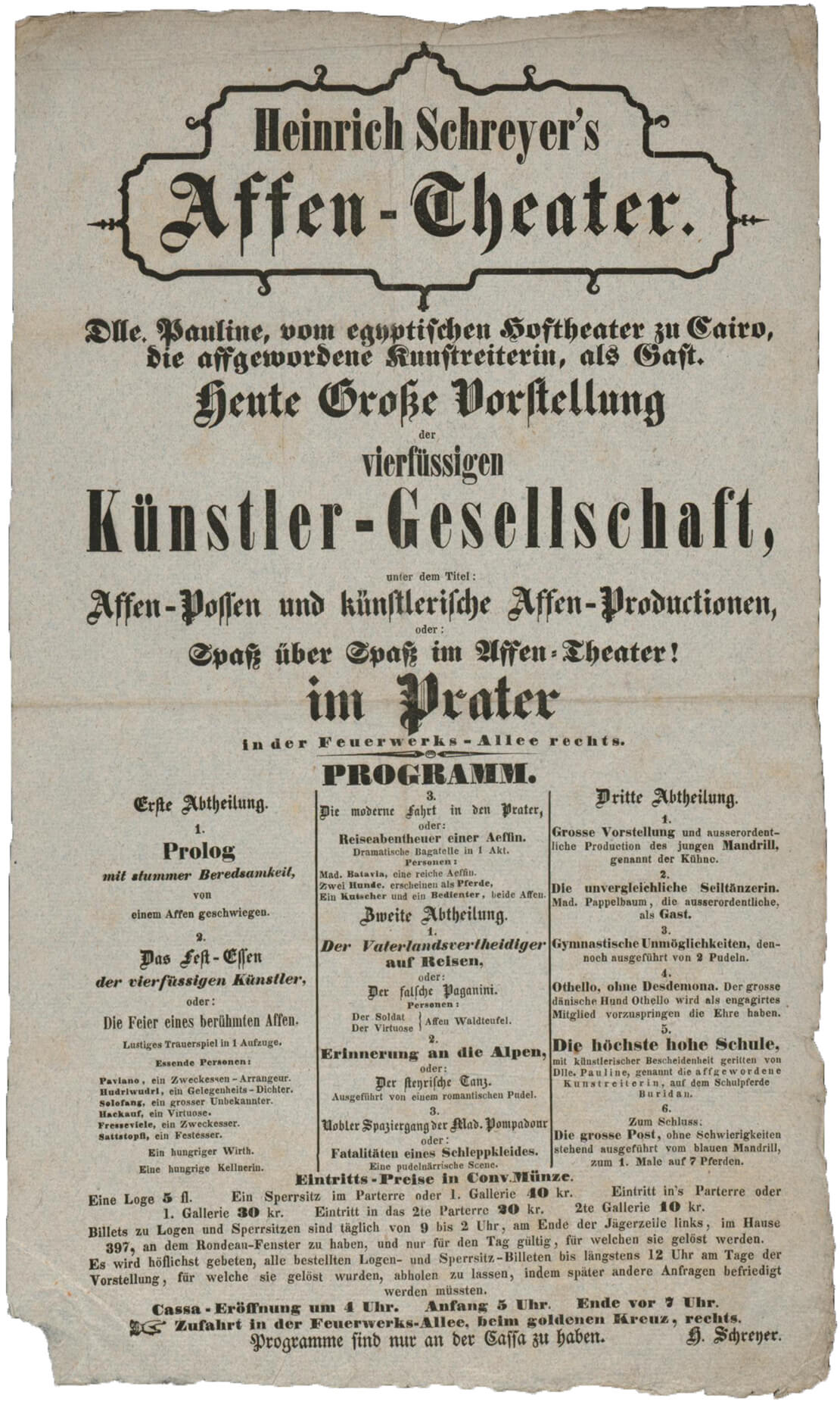 Ankündigung von „Heinrich Schreyer's Affen-Theater“, 1847, Wienbibliothek im Rathaus 