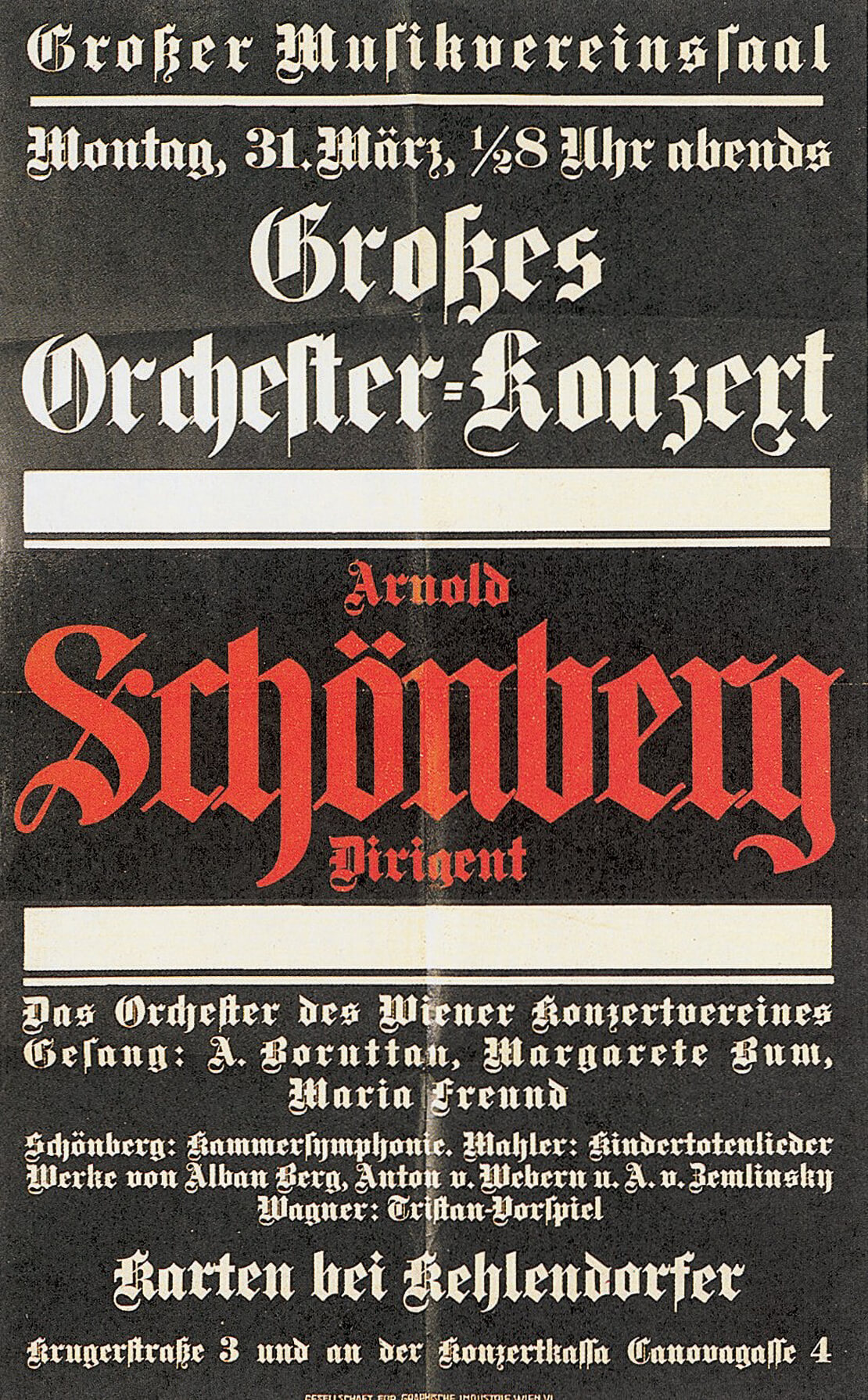 Plakat zum von Arnold Schönberg geleiteten Skandal-Konzert am 31. März 1913. Farblithographie, 1913, Austrian Archives / brandstaetter images / picturedesk.com 