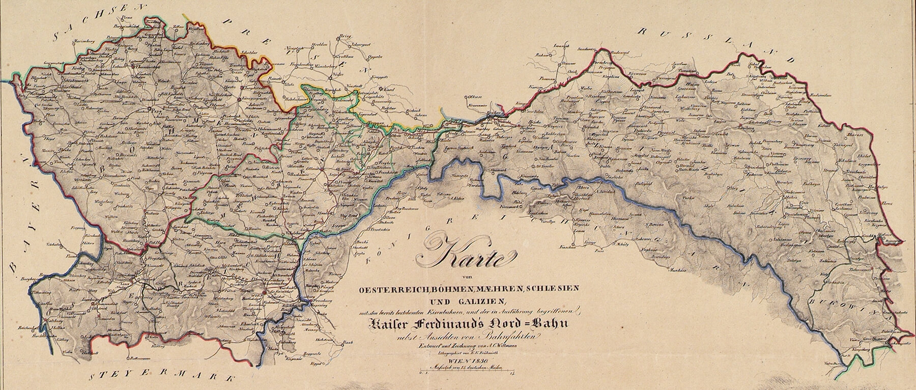 „Karte von Oesterreich, Böhmen, Mähren, Schlesien und Galizien mit den bereits bestehenden Eisenbahnen, und der in Ausführung begriffenen Kaiser Ferdinand´s Nord-Bahn nebst Ansicht von Bahnfahrten“ (Ausschnitt), kolorierte Lithografie, 1836, Wien Museum, Inv.-Nr. 95269 