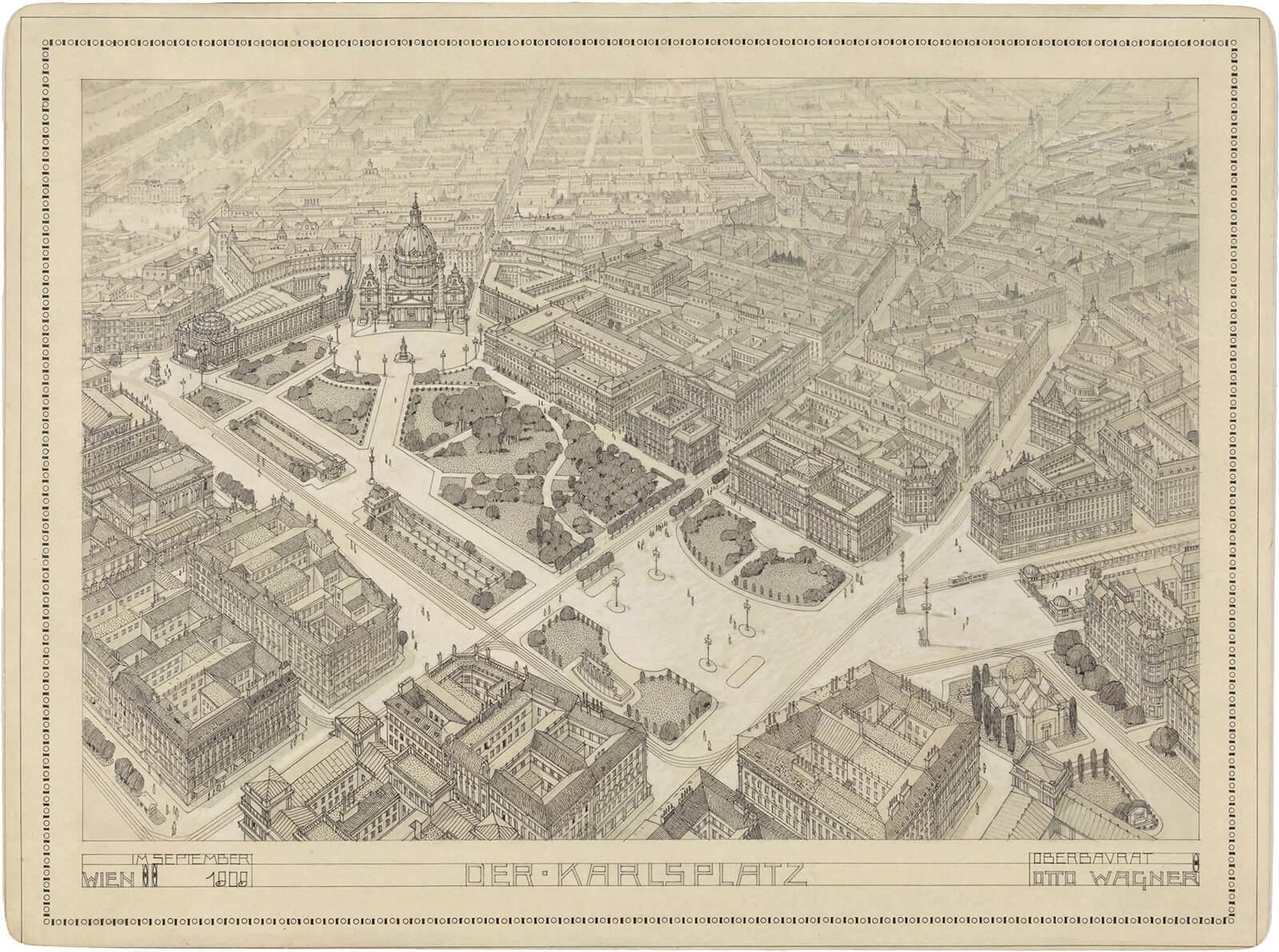 Otto Wagner: Entwurf für den Karlsplatz mit Kaiser Franz-Josef-Stadtmuseum, 1909, Zeichnung: Otto Schönthal, Wien Museum Inv.-Nr. 96006/1 