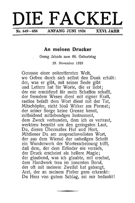 ´Die Fackel` mit einem Gedicht von Karl Kraus anlässlich des 60. Geburtstages von Georg Jahoda (F 649-565, Juni 1924), Quelle: Online-Ausgabe der Fackel / Österreichische Akademie der Wissenschaften 