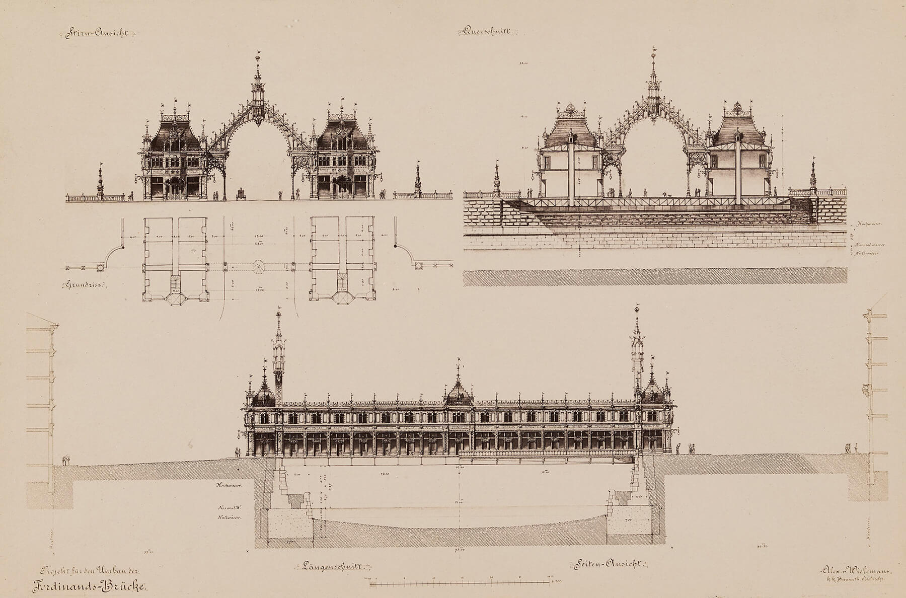 Alexander von Wielemans: „Projekt für den Umbau der Ferdinandsbrücke“, Stirnansicht, Querschnitt, Längsschnitt, Seitenansicht (Reproduktion), 1888, Wien Museum, Inv.-Nr. 157160/5 