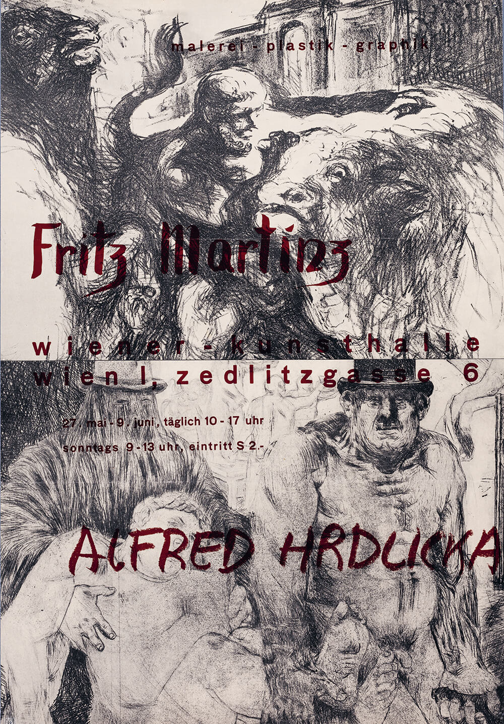 Plakat der ersten programmatischen Ausstellung (Realistenschau) von Hrdlicka und Martinz in der Zedlitzhalle, 1960, Dorothea Martinz