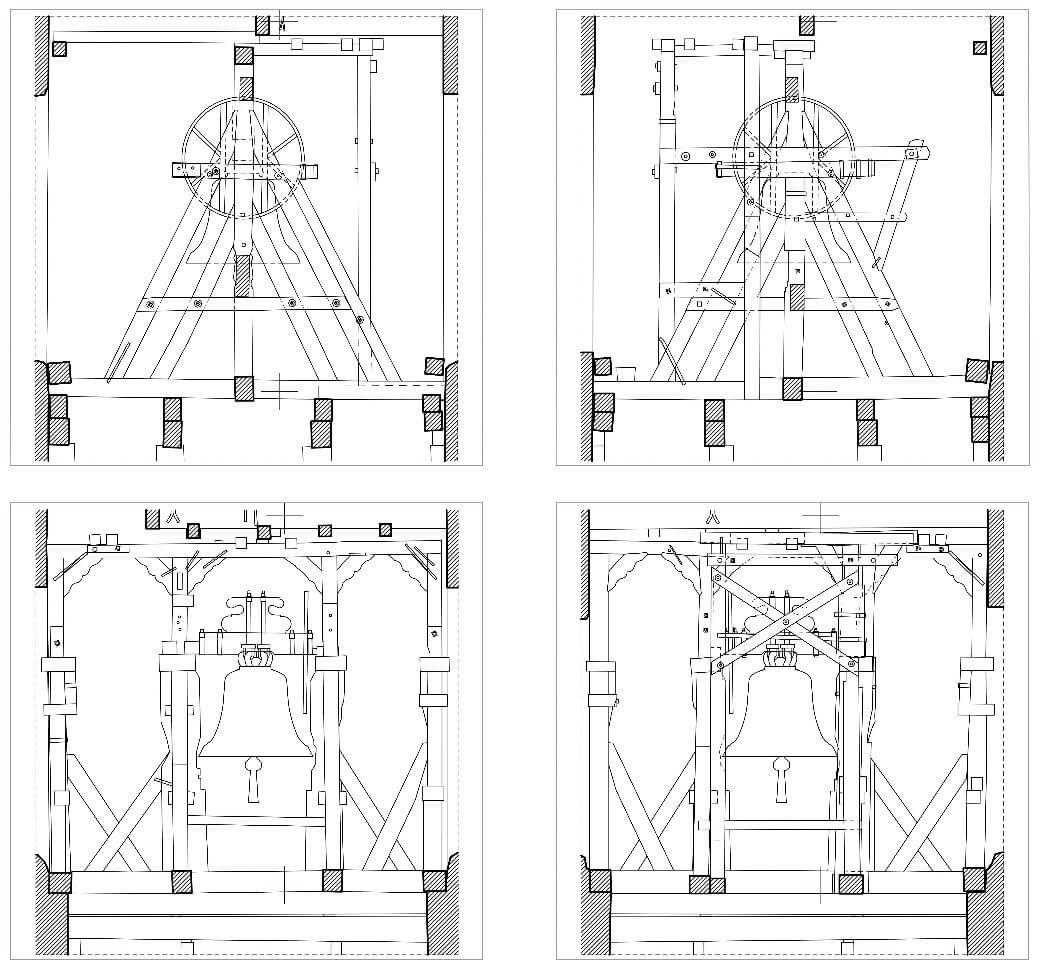 Schnitte durch den Glockenstuhl, nach 1633 (EKG Baukultur ZT GmbH Architekten, Zeichnung: Andrea Seeber und Svenja Schulmeister, Vermessung: Martin Offenhuber) 