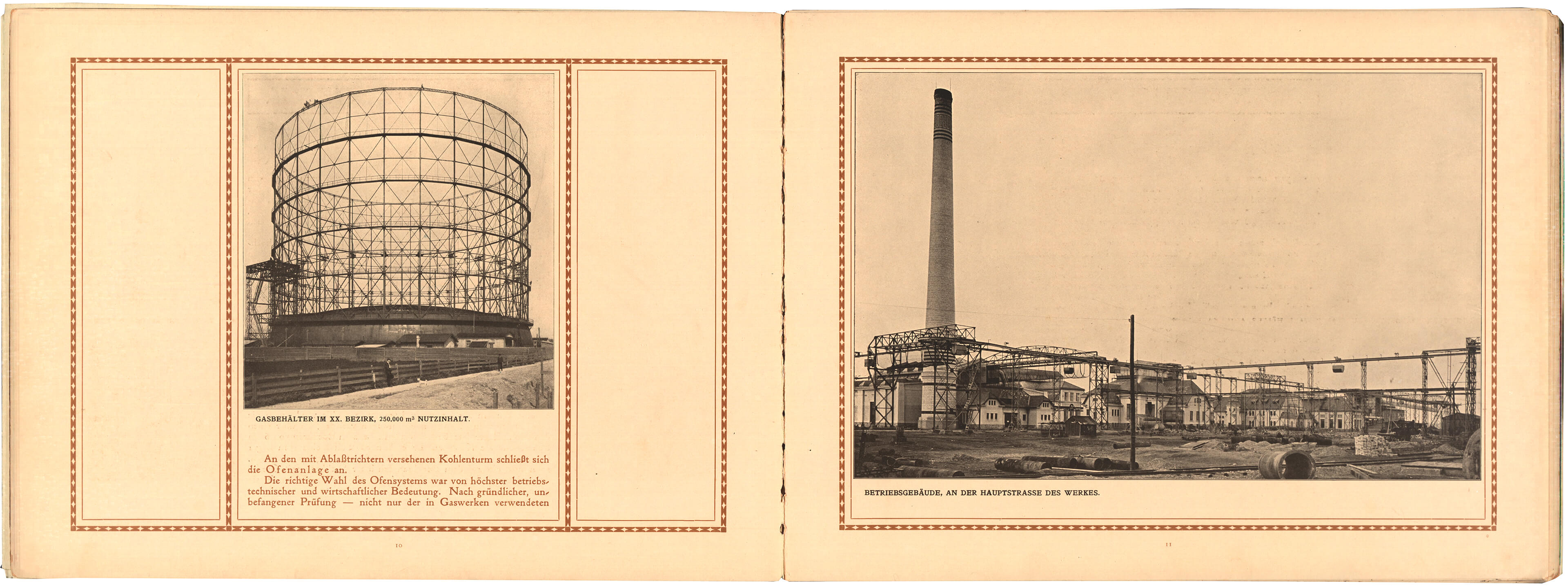 Doppelseite aus der Broschüre „Gaswerk Leopoldau“, herausgegeben von der Gemeinde Wien anlässlich der Eröffnung 1910, Photoinstitut Bonartes